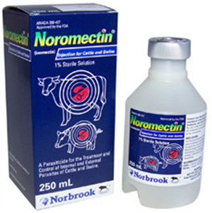 Ivermectin injectable for pets in a 250 mL bottle with a blue and white box for livestock use
