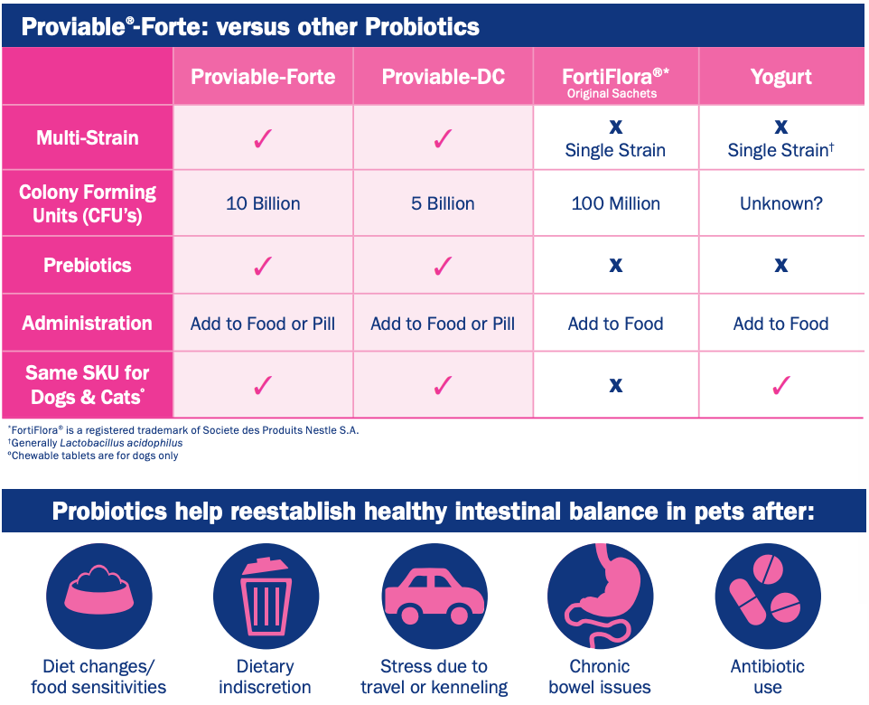 Nutramax Proviable-FORTE probiotics comparison chart with multi-strain benefits and administration options