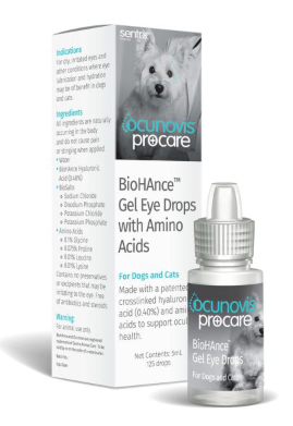 Ocunovis Procare eye drops 5ml in a bottle designed for dogs and cats with amino acids for eye hydration