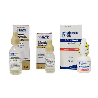 Ofloxacin ophthalmic solution for pets in 10ml bottles with packaging for eye infections treatment