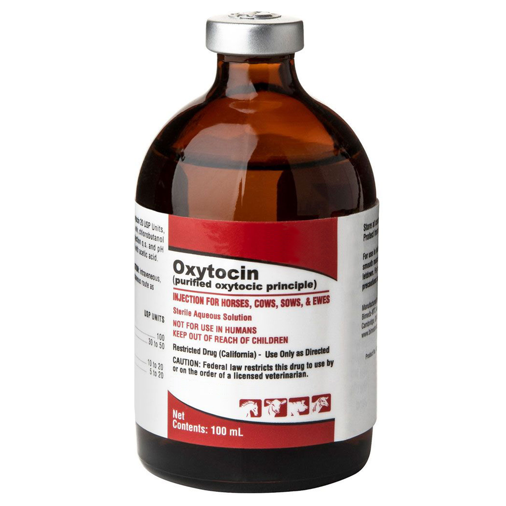 Oxytocin for pets in a 100 mL bottle, designed for horses, cows, sows, and ewes, safely formulated for veterinary use.