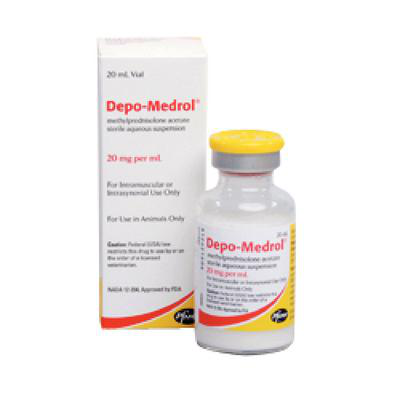 Depo Medrol injection for pets in a 20 ml vial with packaging instructions included