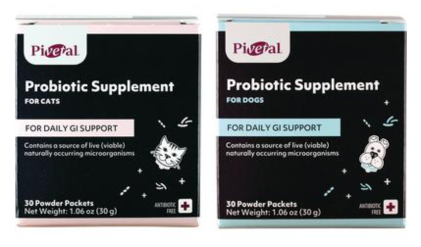Pivetal Probiotic Supplements for Pets, available for cats and dogs, support daily GI health in powder packets