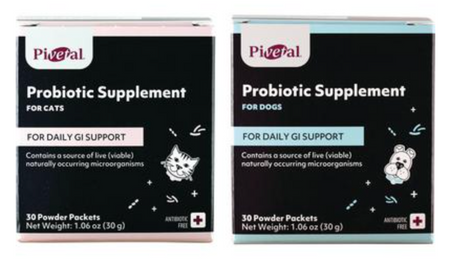 Pivetal Probiotic Supplements for Pets, available for cats and dogs, support daily GI health in powder packets