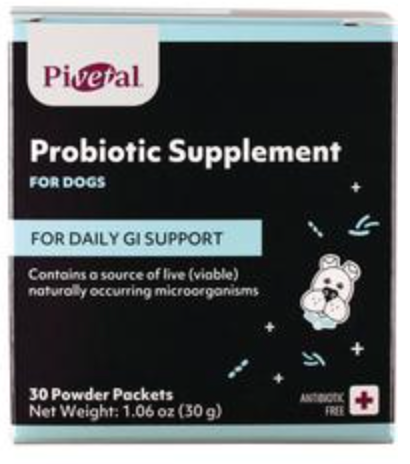 Pivetal Probiotic Supplement for Dogs in a box with 30 powder packets for daily GI support