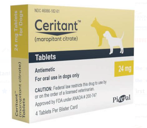 Pivetal Generic Cerenia for pet nausea in 24 mg tablets, designed for dogs with motion sickness.