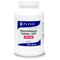 Metronidazole for pets in a bottle containing 500 mg tablets, suitable for veterinary use