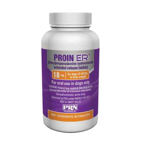 Proin ER Phenylpropanolamine tablets for dogs, 18 mg for dogs 10-20 lbs in a 30 tablet bottle
