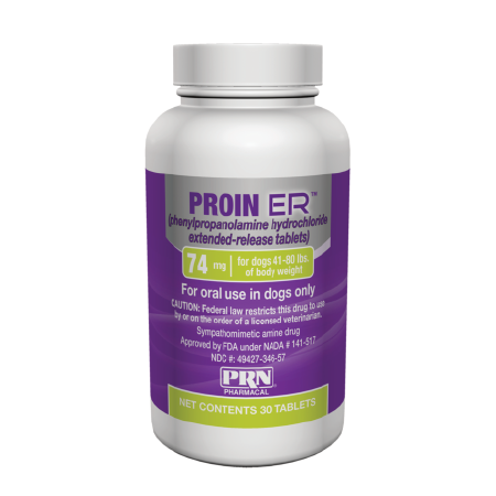 PRN Proin ER Phenylpropanolamine tablets for dogs 74 mg in a 30-tablet bottle for canine bladder support
