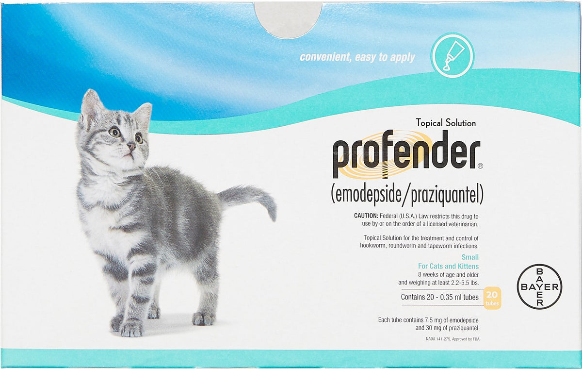 Profender cat worm treatment topical solution box featuring a silver tabby cat for easy application