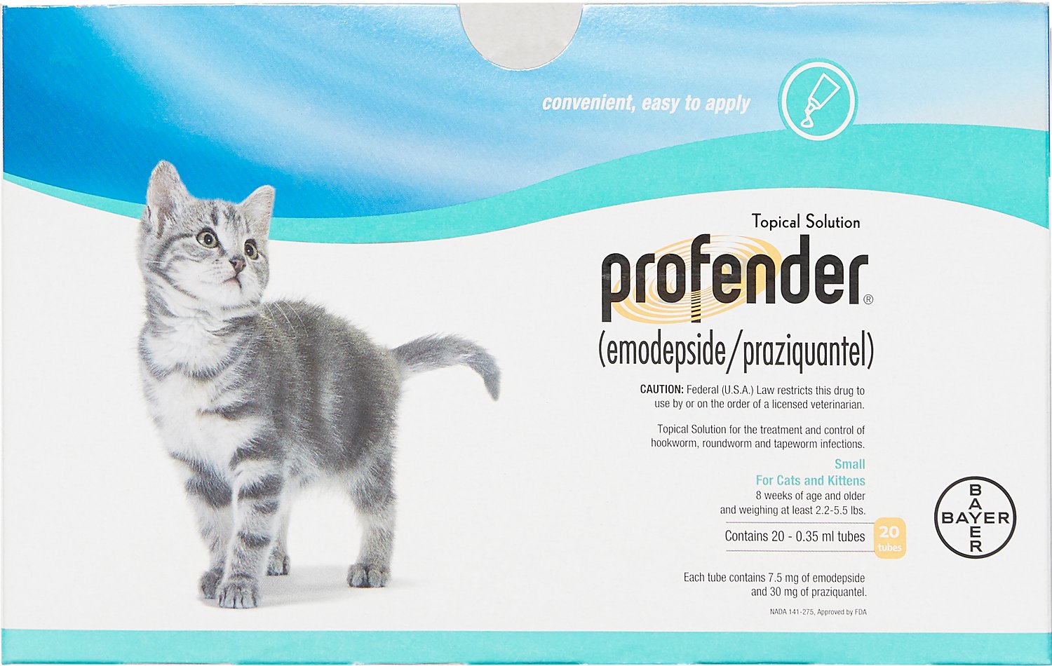 Profender cat worm treatment topical solution box featuring a silver tabby cat for easy application