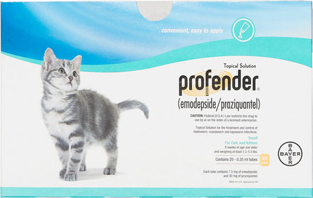 Profender cat worm treatment topical solution box featuring a silver tabby cat for easy application