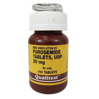 Furosemide for pets in a brown bottle containing 100 tablets of 20 mg prescription medication