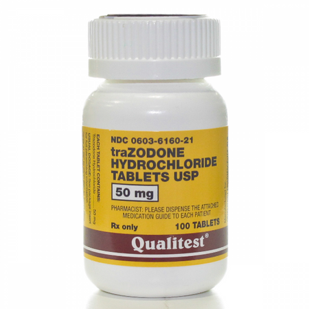 Qualitest Trazodone for pets in 50 mg tablets, 100-count bottle for effective pet anxiety relief