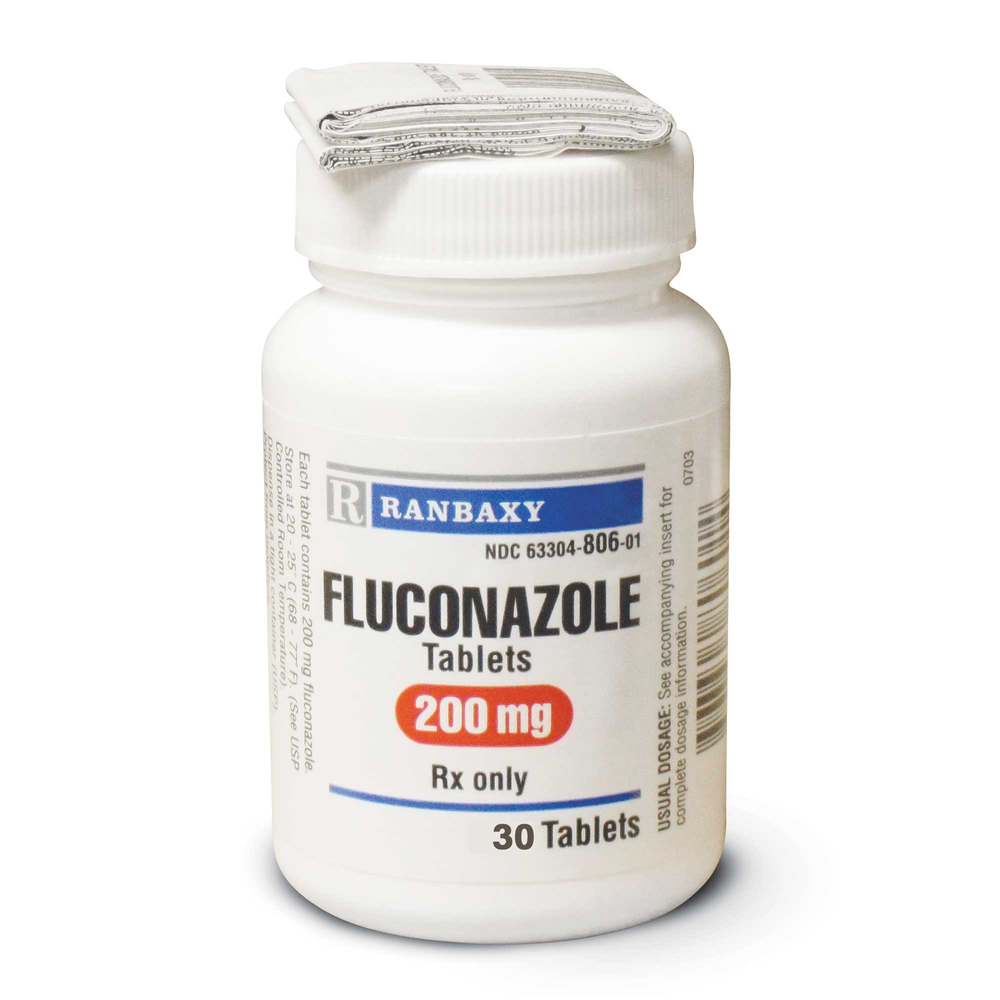Fluconazole 200mg tablets for pets in a white bottle containing 30 tablets