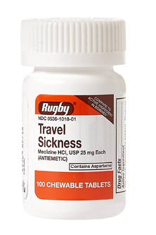 Generic RX Meclizine for pets in a bottle of 100 chewable tablets for travel sickness relief