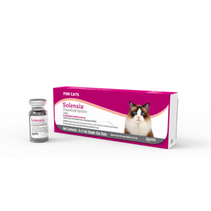 Solensia cat arthritis treatment by Zoetis, featuring a vial and packaging designed for feline health.