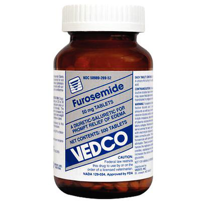 Furosemide for pets in a brown bottle containing 50 mg tablets for diuretic use
