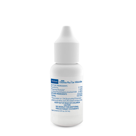 Virbac pet ear mite solution in a dropper bottle for treating ear mites in pets