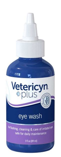 Vetericyn eye wash for pets in a 3 oz bottle, designed for flushing and caring for irritated eyes