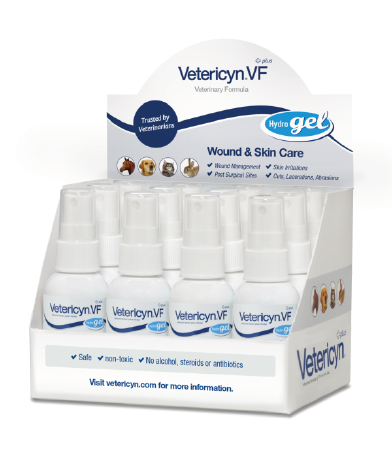 Vetericyn VF veterinary wound care solution in a display with multiple spray bottles for wound management