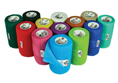 Assorted colors of 2 inch cohesive veterinary bandage rolls for secure animal wraps