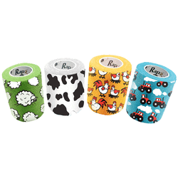 Various colorful 2 inch cohesive veterinary bandage rolls featuring fun animal prints for pet care