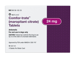 Cerenia injectable solution by Zoetis for treating nausea in dogs, packaged in a clear vial.