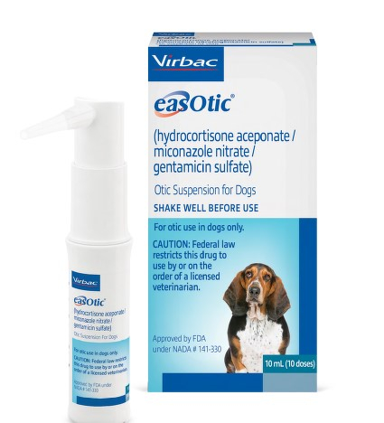 Virbac easOtic ear infection treatment for dogs in a 10 mL spray bottle and packaging