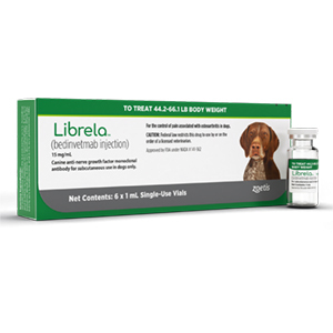 Librela for dogs prescription medication by Zoetis in packaging with vial for canine pain relief
