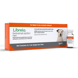 Librela for dogs, a prescription medication in a pack of six single-use vials for treating osteoarthritis