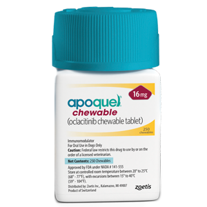 Apoquel chewable tablets for dogs in a 250 count bottle, 16 mg dosage for allergy relief