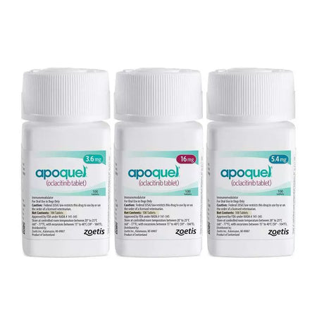 Apoquel tablets for dogs in 3 sizes: 3.6 mg, 5.4 mg, and 16 mg from Zoetis for allergy relief