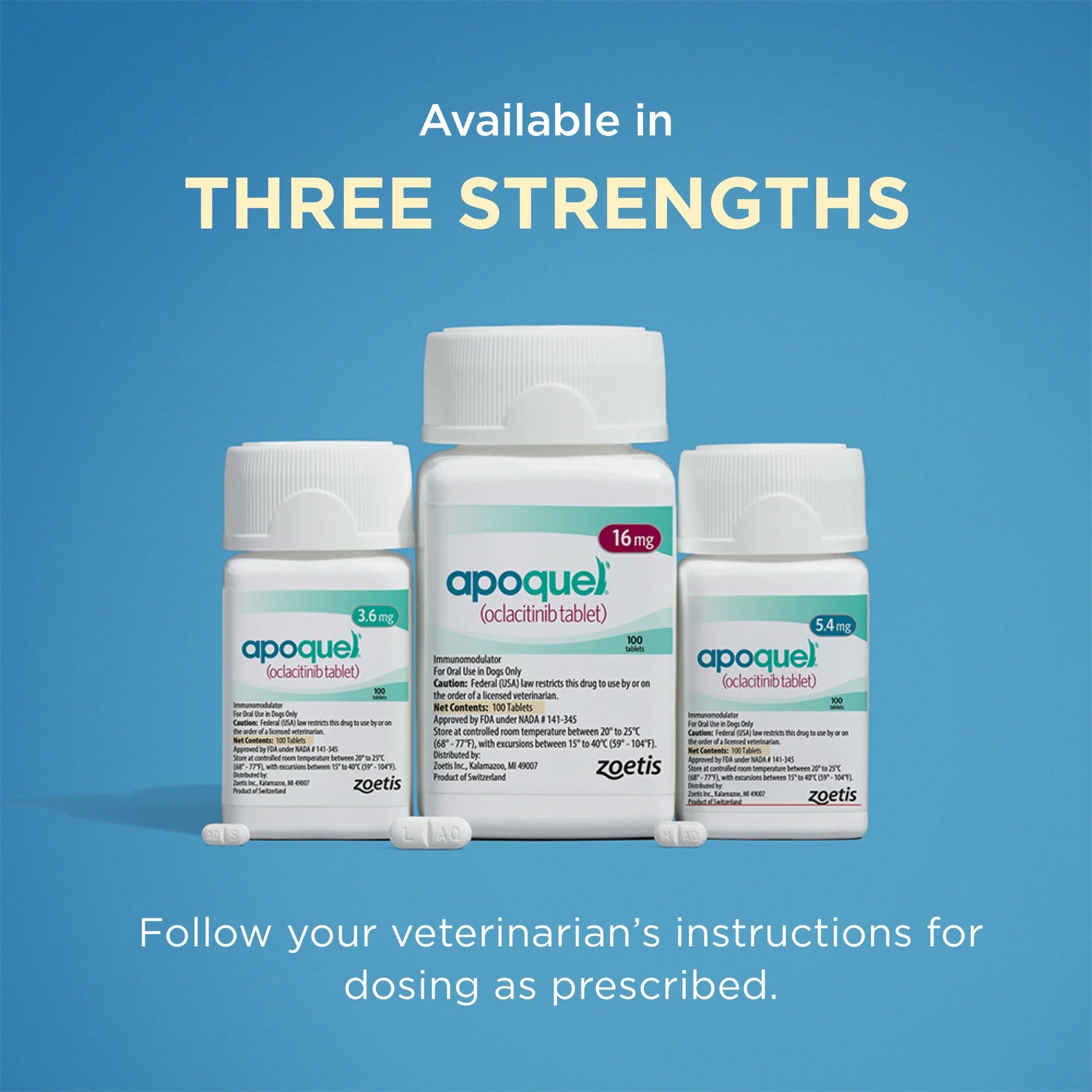 Apoquel tablets for dogs in three strengths with clear labeling from Zoetis for effective dosing