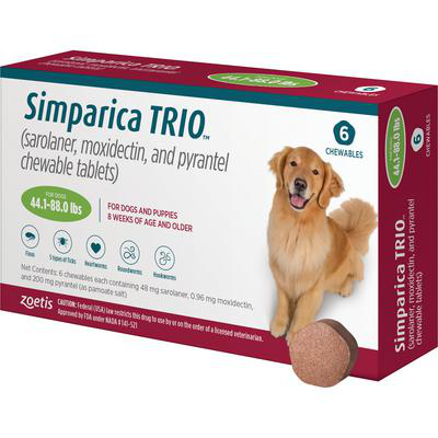 Simparica Trio for dogs in a box containing 6 chewable tablets for parasite protection
