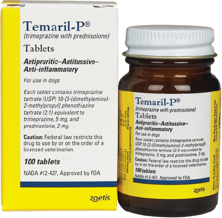 Temaril P tablets for dogs in a bottle containing 100 tablets, used for anti-inflammatory and antitussive purposes