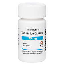 Zonisamide capsules for pets in a white bottle with 100 capsules and 25 mg dosage